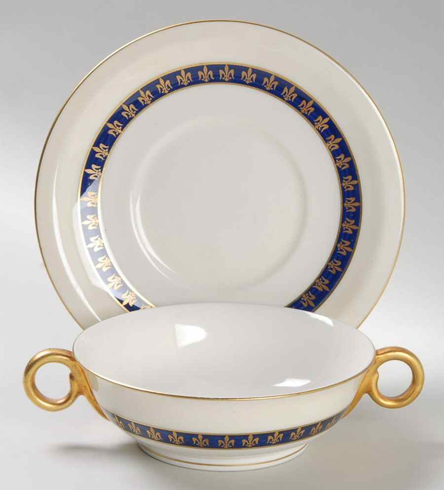 Fleur De Lis Cobalt Blue Footed Cream Soup Bowl & Saucer Set by Haviland-1
