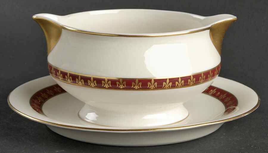 Fleur De Lis Red Gravy Boat with Attached Underplate by Haviland-1