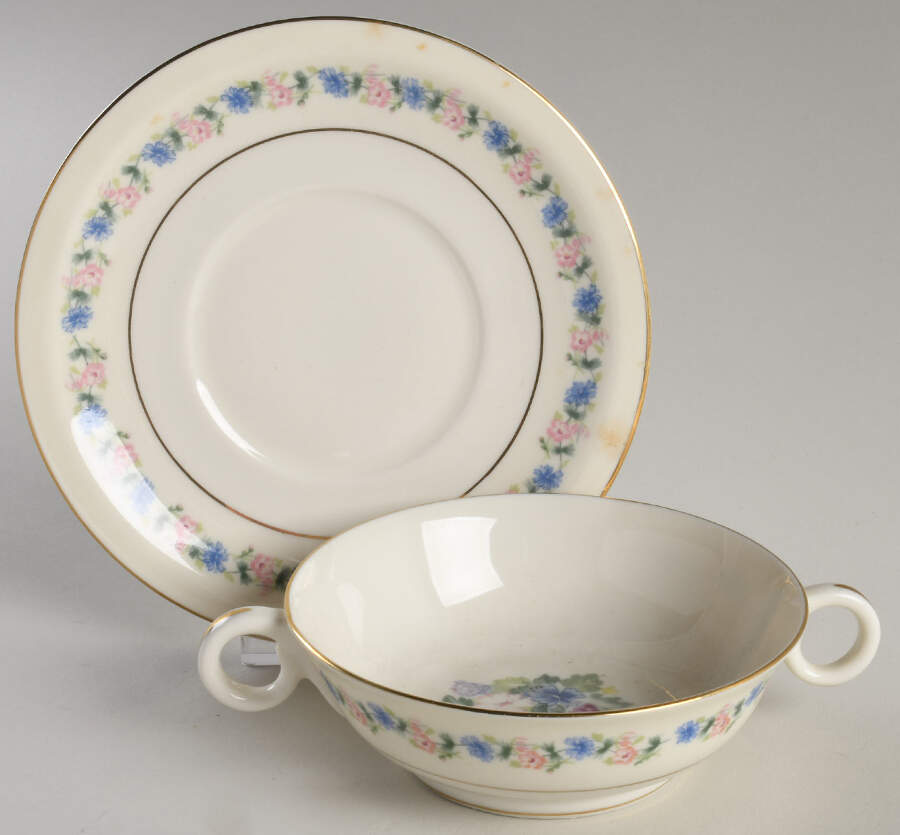 Fox Glove Footed Cream Soup Bowl & Saucer Set by Haviland-1
