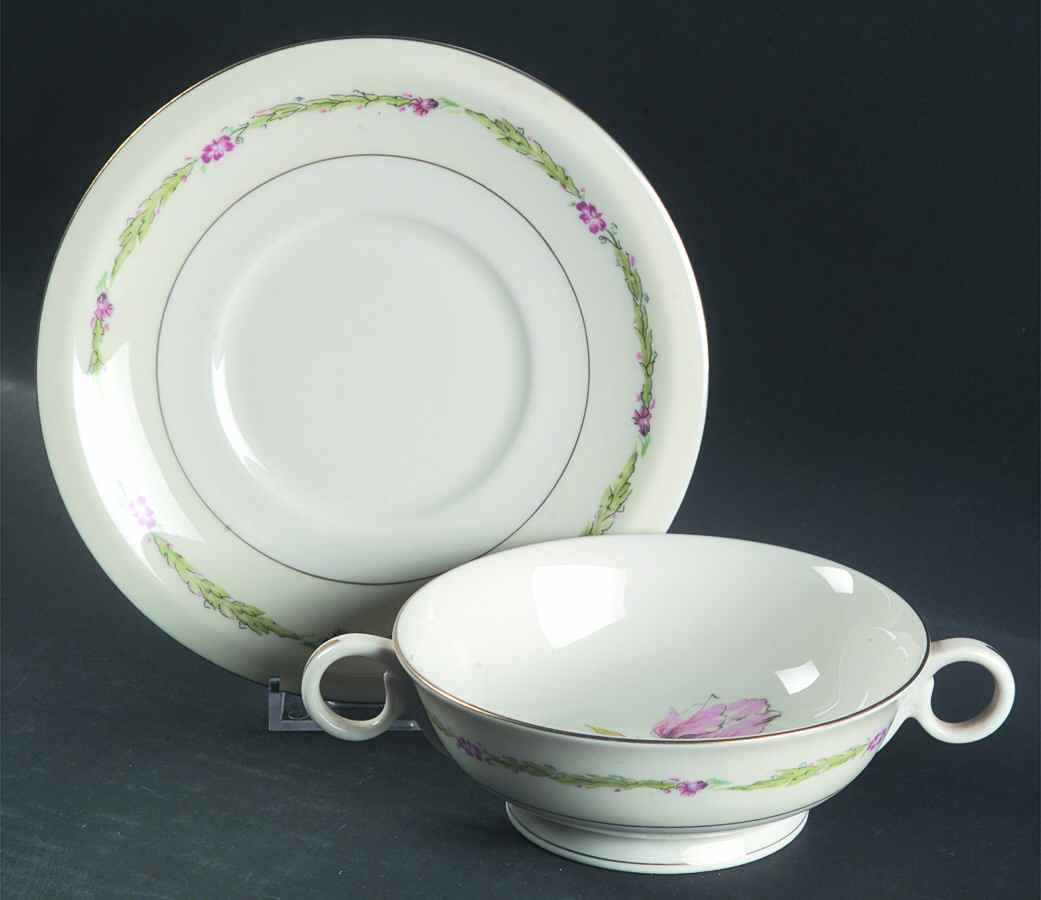 Garden Flowers Footed Cream Soup Bowl & Saucer Set by Haviland-1