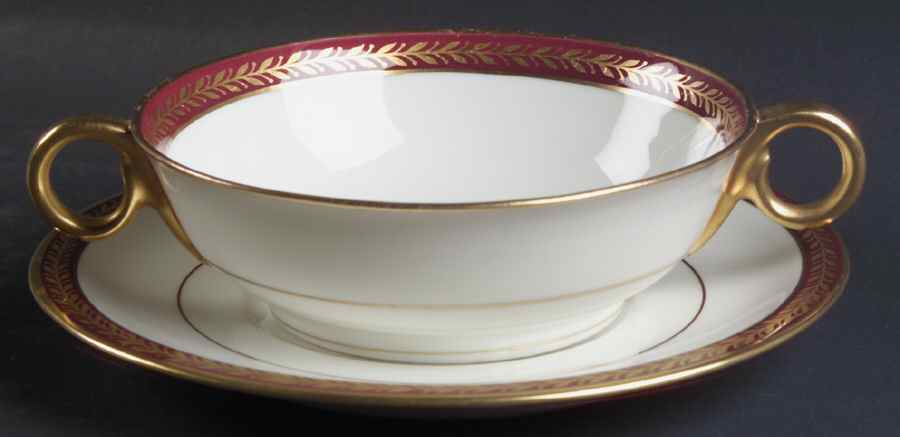 Lauria Red Footed Cream Soup Bowl & Saucer Set by Haviland-1