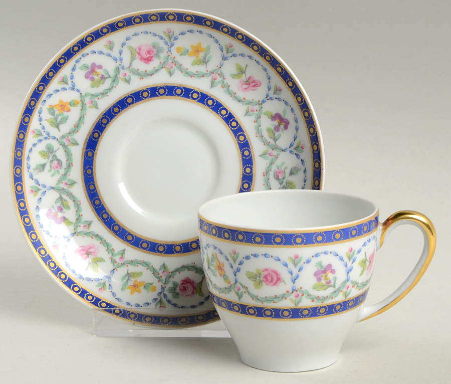 Malmaison (Newer, Blue Bands) Flat Demitasse Cup & Saucer Set by Haviland-1