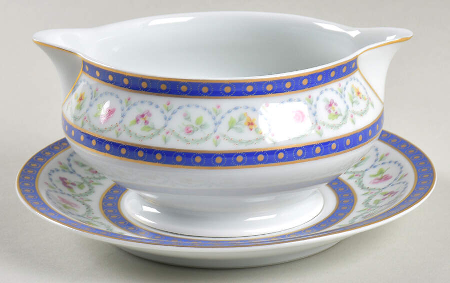 Malmaison (Newer, Blue Bands) Round Gravy Boat & Underplate by Haviland-1