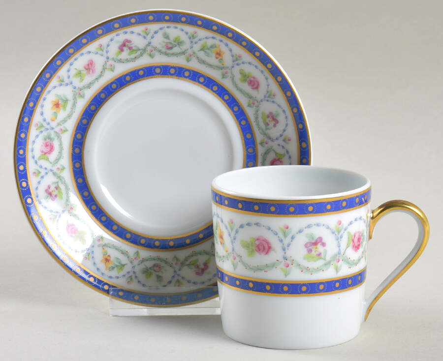 Malmaison (Newer, Blue Bands) Flat Demitasse Cup & Saucer Set by Haviland-1