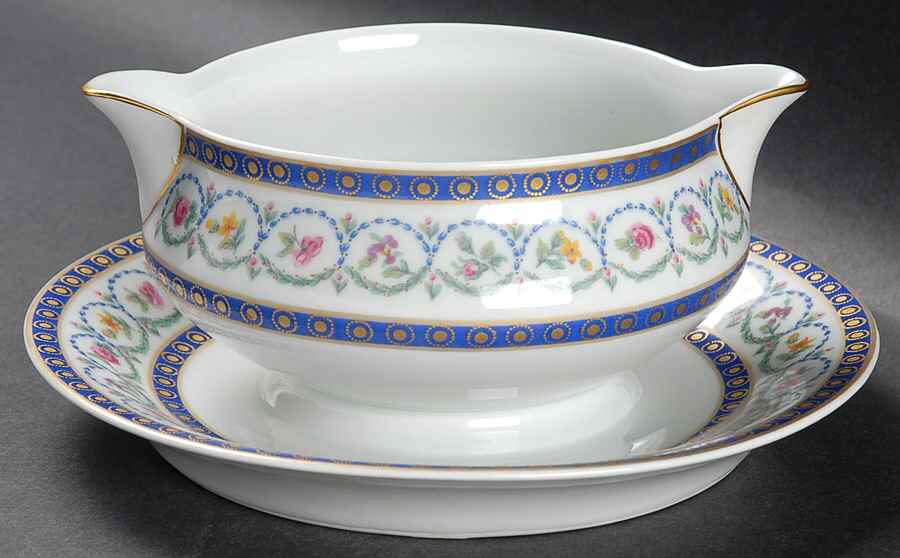 Malmaison (Newer, Blue Bands) Round Gravy Boat/Attached Underplate by Haviland-1