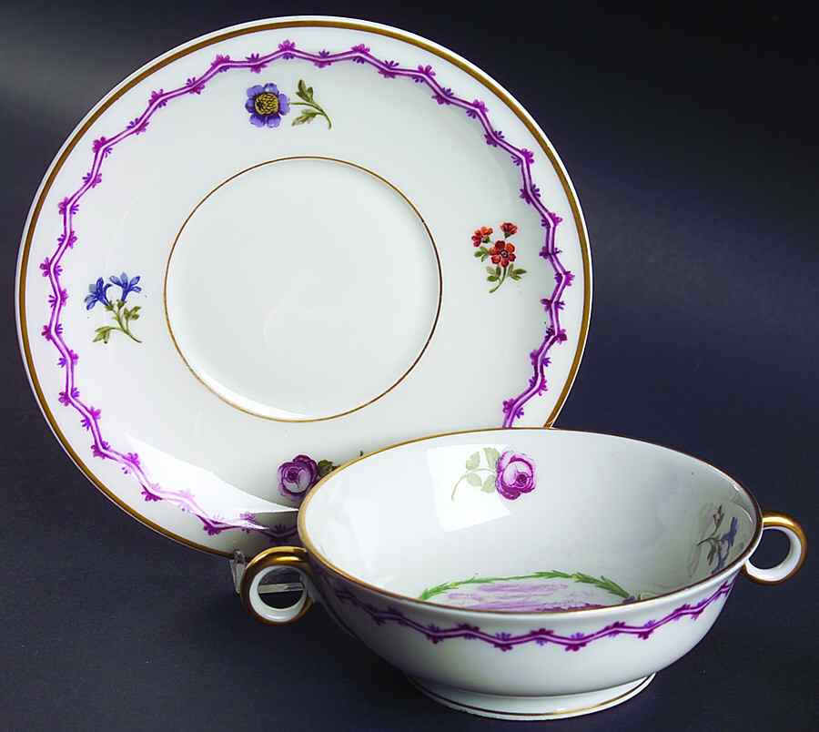 Malmaison (Older, Purple Scene) Footed Cream Soup Bowl & Saucer Set by Haviland-1