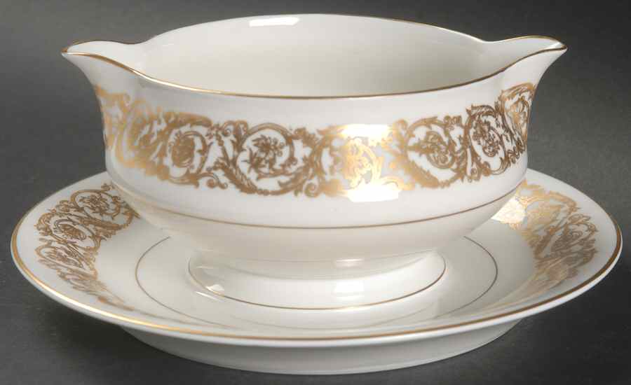 Marquise (Thin Gold Trim) Gravy Boat with Attached Underplate by Haviland-1
