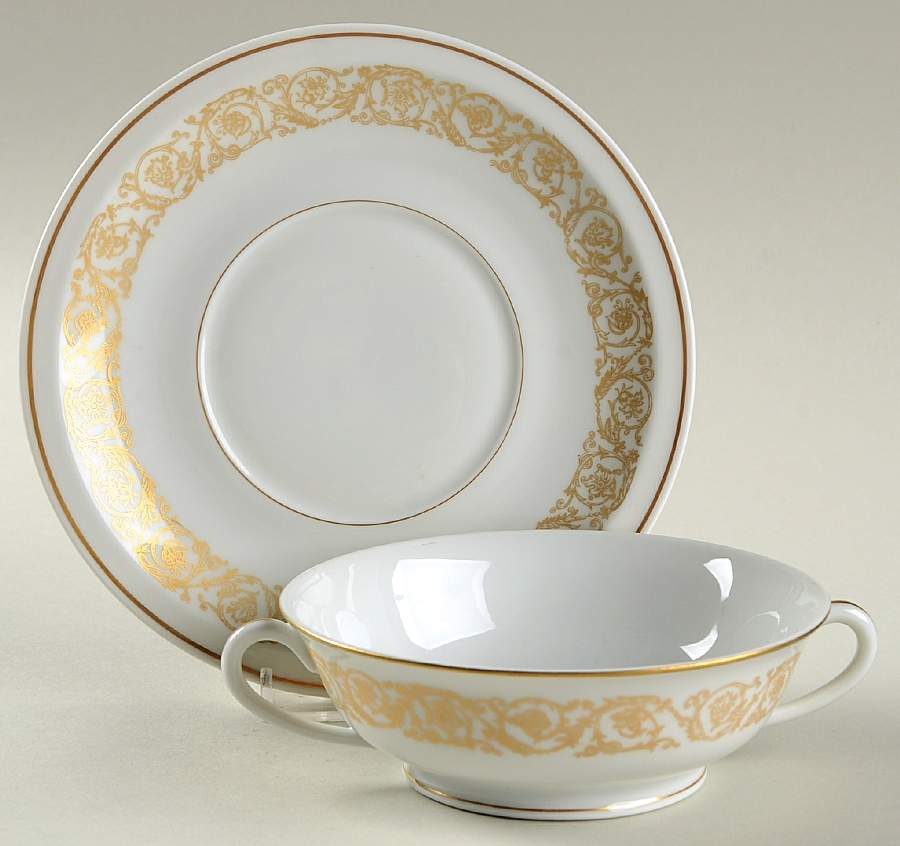 Marquise (Thin Gold Trim) Footed Cream Soup Bowl & Saucer Set by Haviland-1