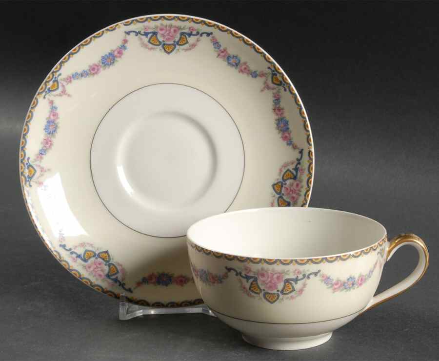 Marseille (Floral, Cream Rim) Flat Cup & Saucer Set by Haviland-1