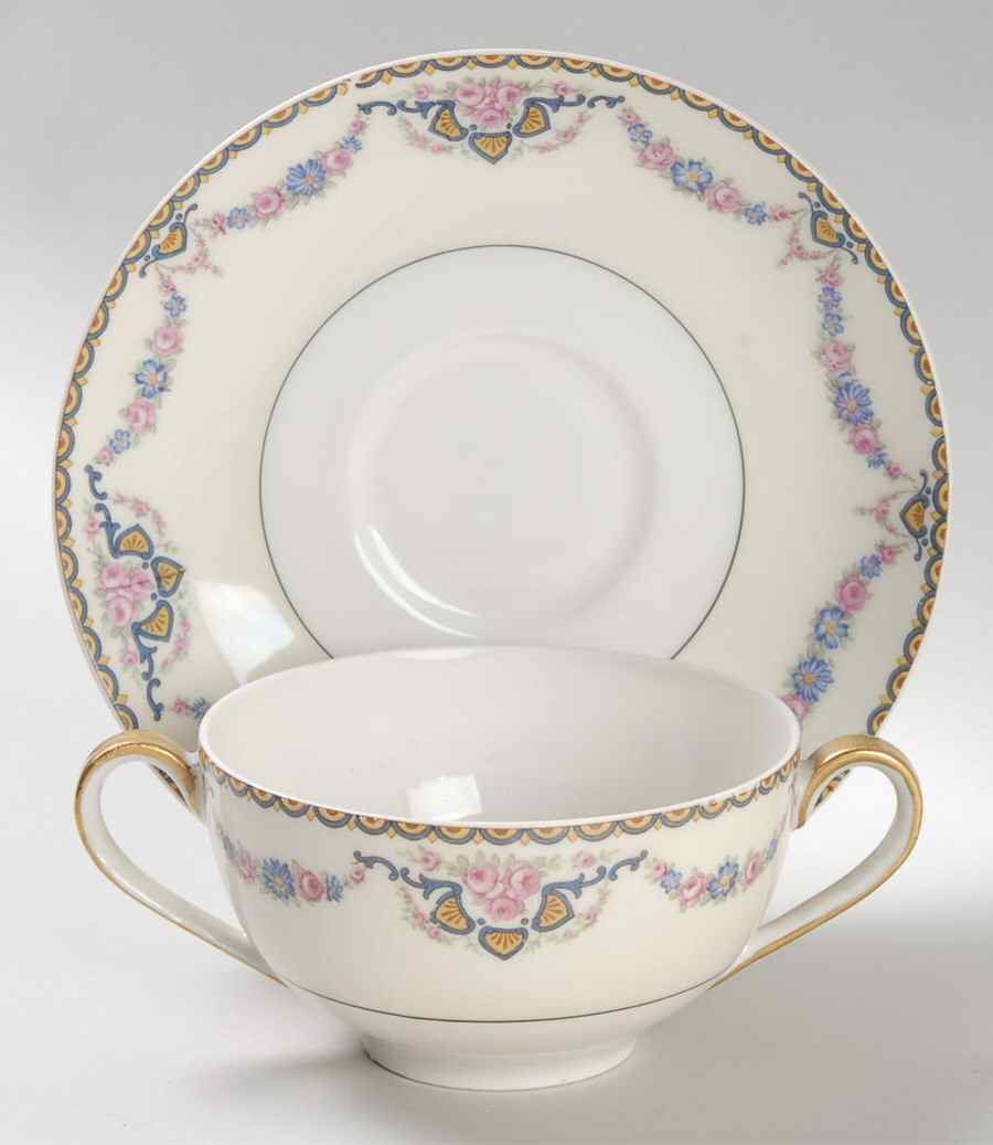 Marseille (Floral, Cream Rim) Flat Bouillon Cup & Saucer by Haviland-1