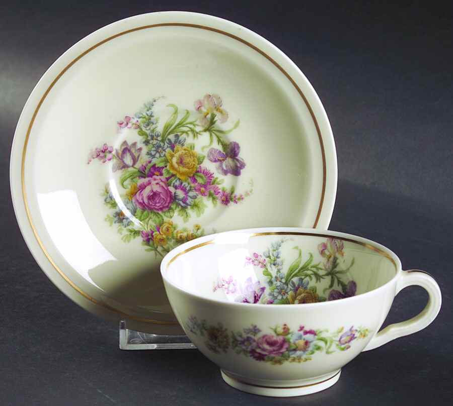 Miramar (Floral Center, Gold Band) Flat Cup & Saucer Set by Haviland-1