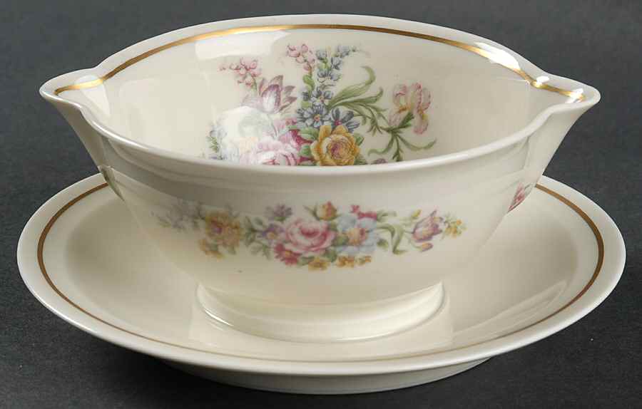 Miramar (Floral Center, Gold Band) Gravy Boat with Attached Underplate by Haviland-1