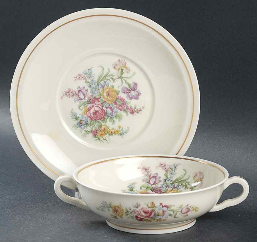 Miramar (Floral Center, Gold Band) Flat Bouillon Cup & Saucer by Haviland-1