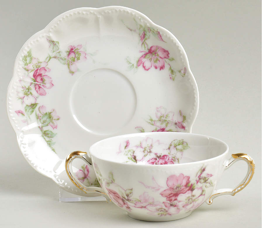 The Miramar (White with Pink Flowers) Flat Bouillon Cup & Saucer by Haviland-1