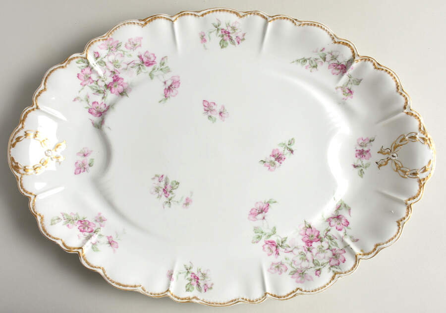 The Miramar (White with Pink Flowers) 18" Oval Serving Platter with Well by Haviland-1