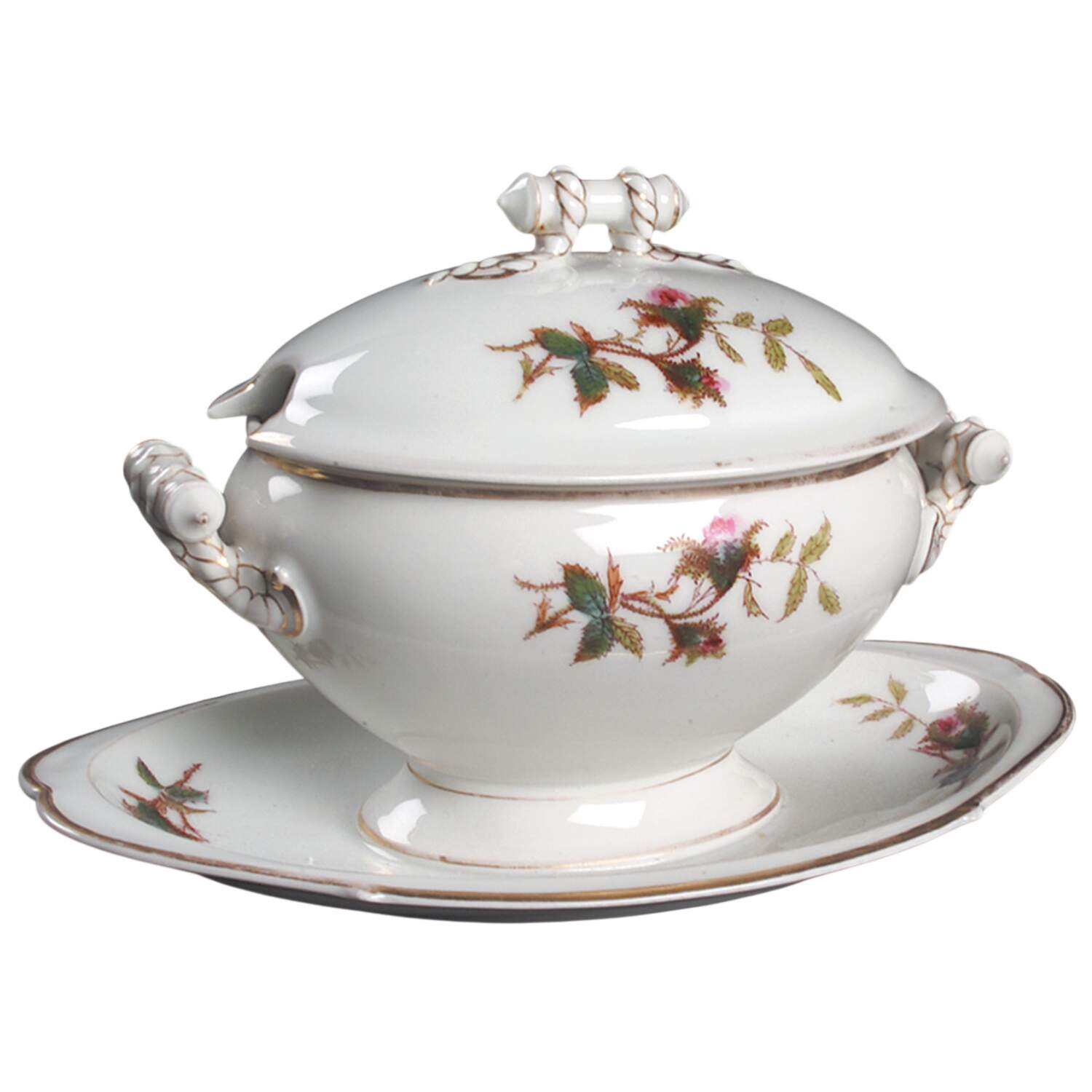 Moss Rose (Thick Gold Trim) Gravy Boat w/Attached Underplate & Lid by Haviland-1