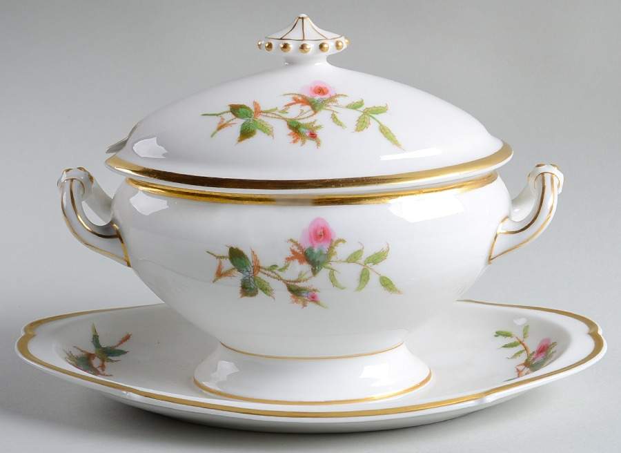 Moss Rose (Thick Gold Trim) Gravy Boat w/Attached Underplate & Lid by Haviland-1