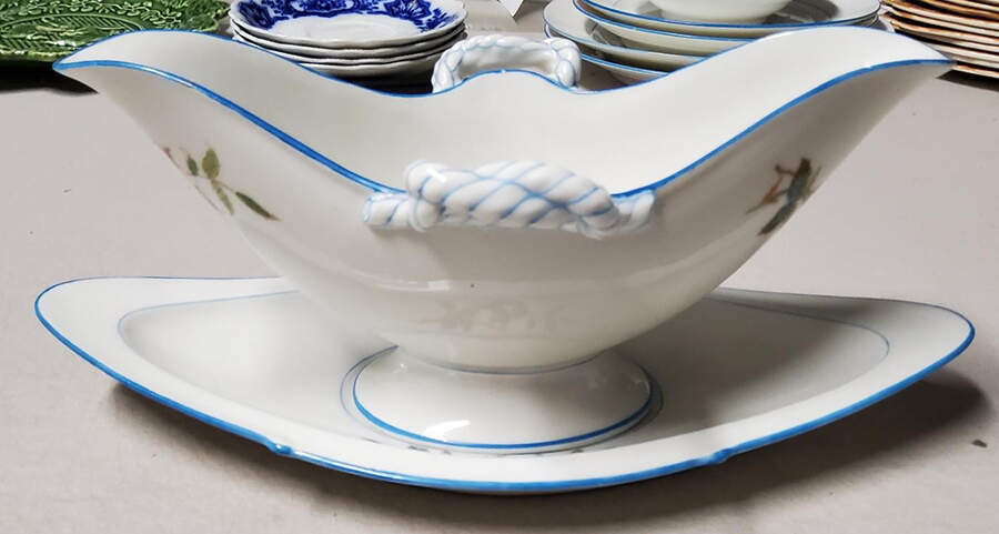 Moss Rose (Blue Trim) Open Sauce Boat & Underplate by Haviland-1