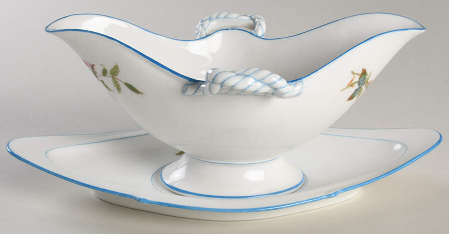 Moss Rose (Blue Trim) Open Sauce Boat & Underplate by Haviland-1