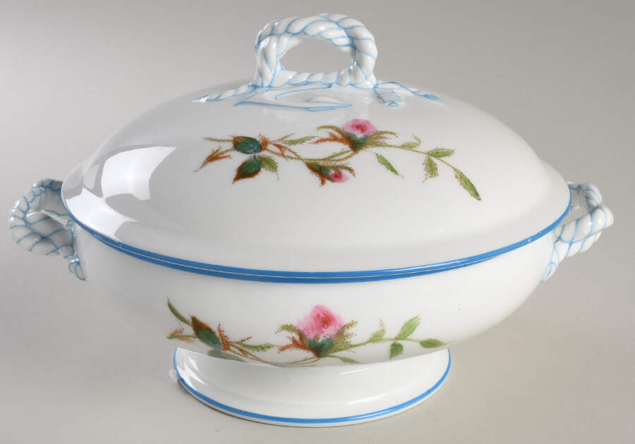 Moss Rose (Blue Trim) Round Covered Vegetable by Haviland-1