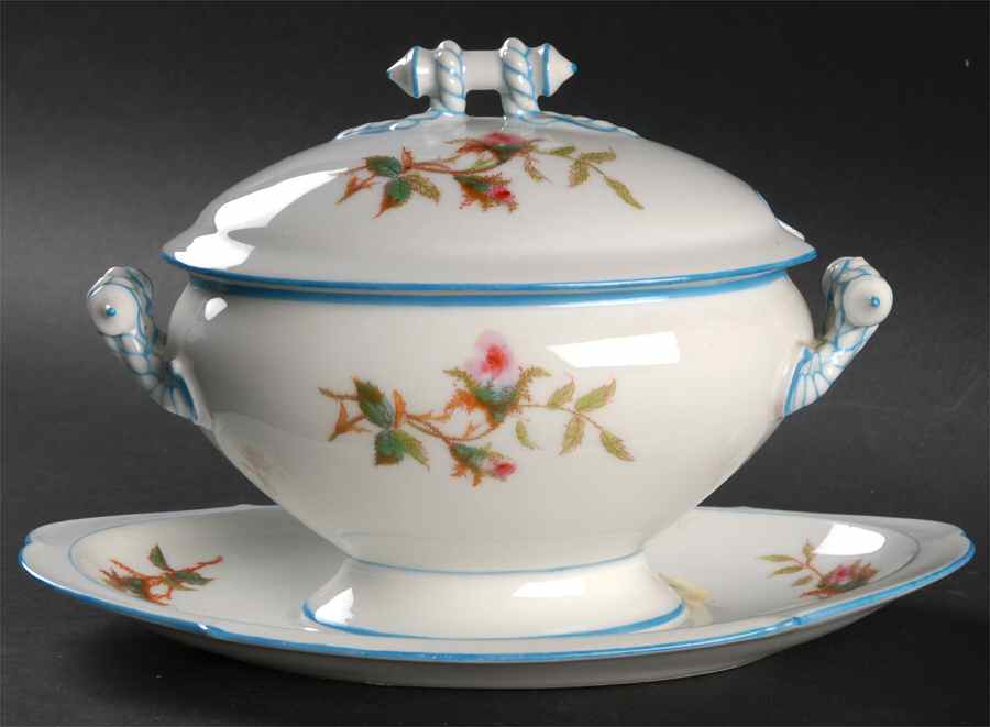 Moss Rose (Blue Trim) Sauce Boat with Attached Underplate by Haviland-1