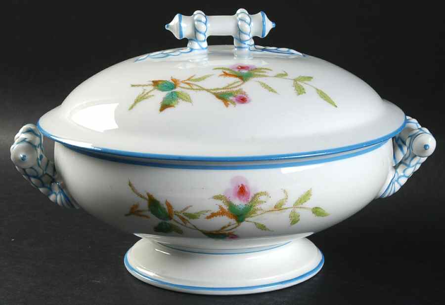 Moss Rose (Blue Trim) Round Covered Vegetable by Haviland-1