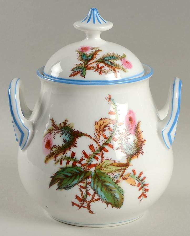Moss Rose (Blue Trim) Large Sugar Bowl & Lid by Haviland-1