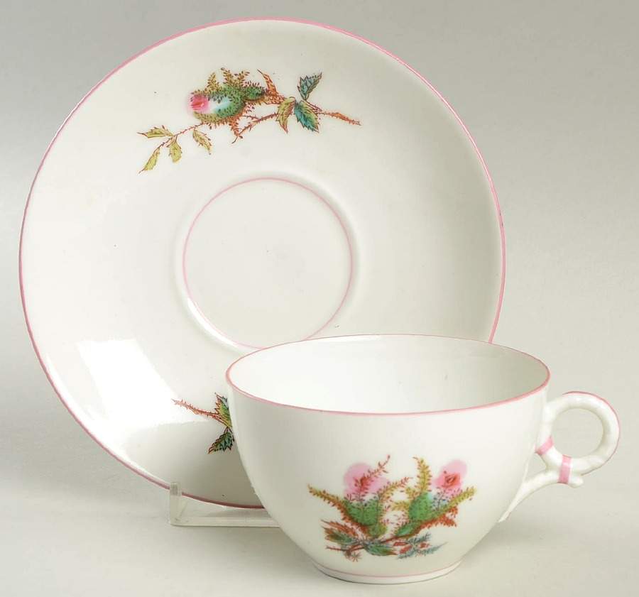 Moss Rose (Pink Trim, Smooth) Flat Cup & Saucer Set by Haviland-1