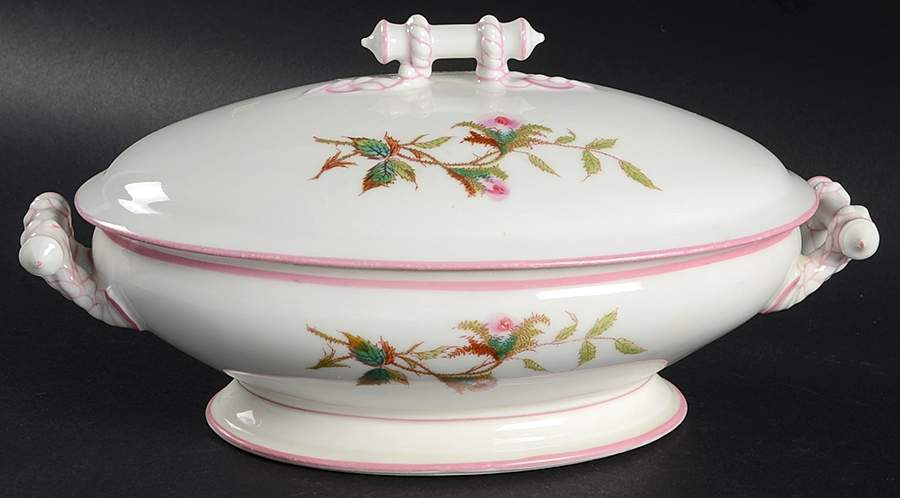 Moss Rose (Pink Trim, Smooth) Oval Covered Vegetable by Haviland-1