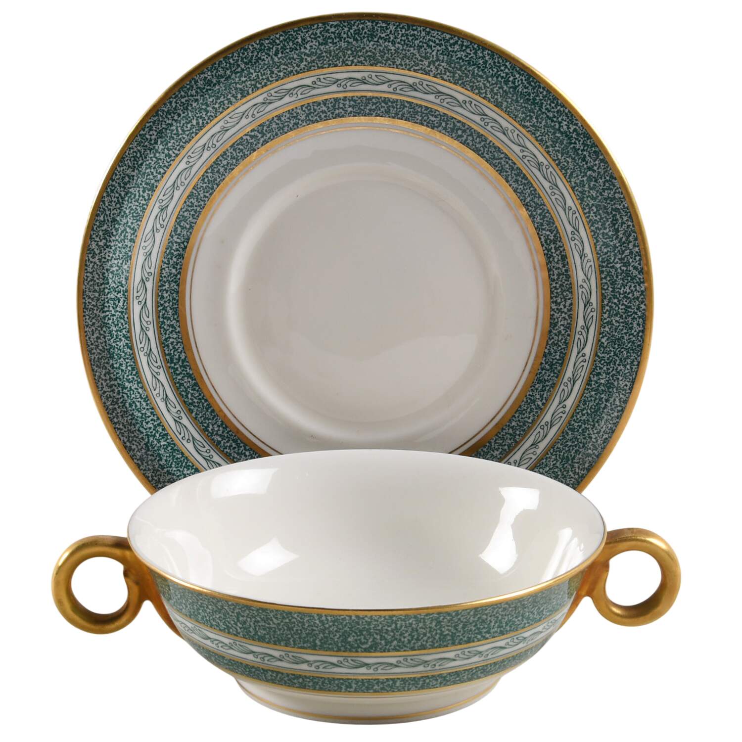 Mosaic Blue Green Flat Cream Soup Bowl & Saucer Set by Haviland-1