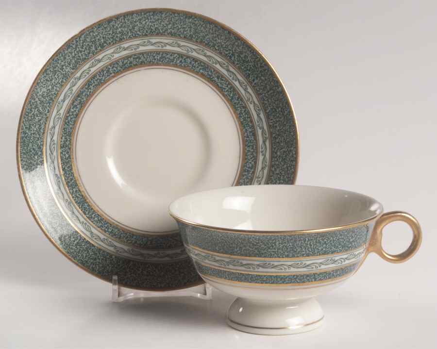 Mosaic Blue Green Footed Cup & Saucer Set by Haviland-1