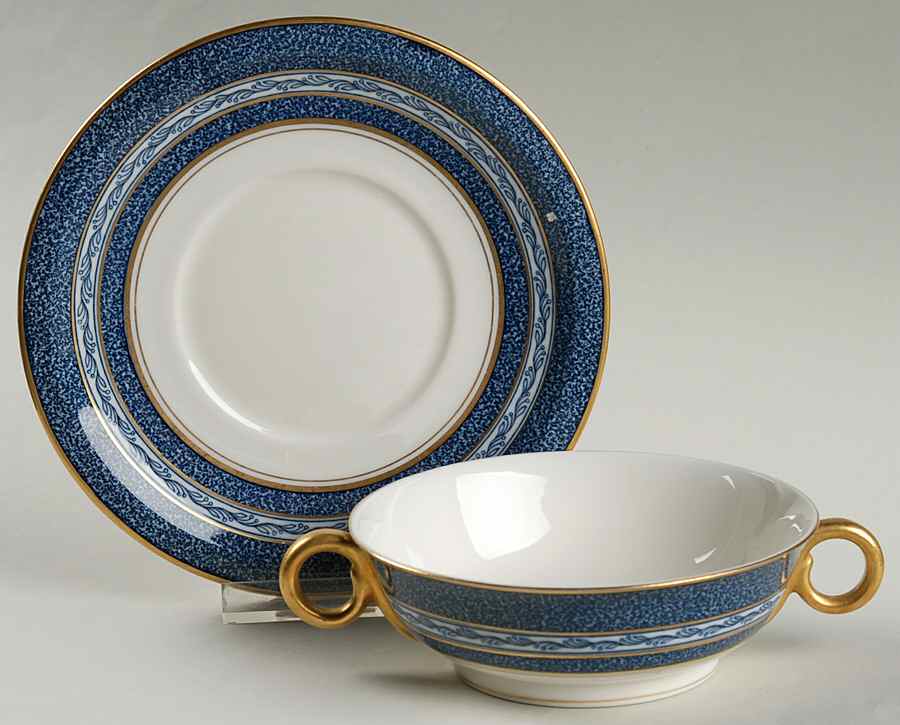 Mosaic Cobalt Blue Footed Cream Soup Bowl & Saucer Set by Haviland-1