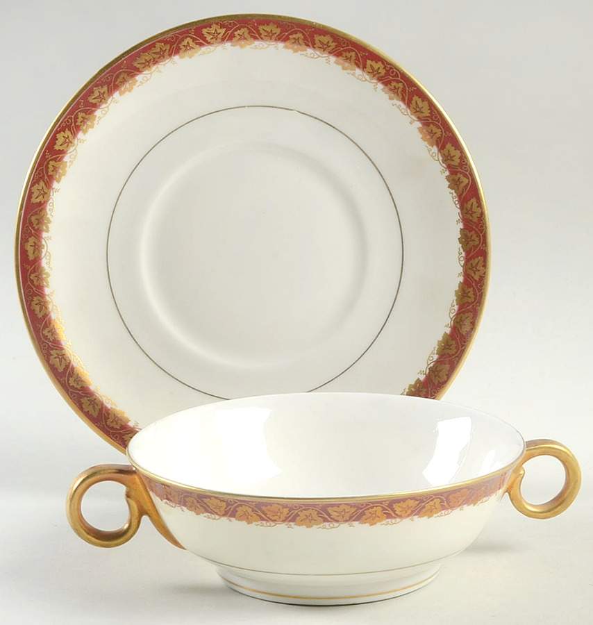 Oakmont Maroon Footed Cream Soup Bowl & Saucer Set by Haviland-1