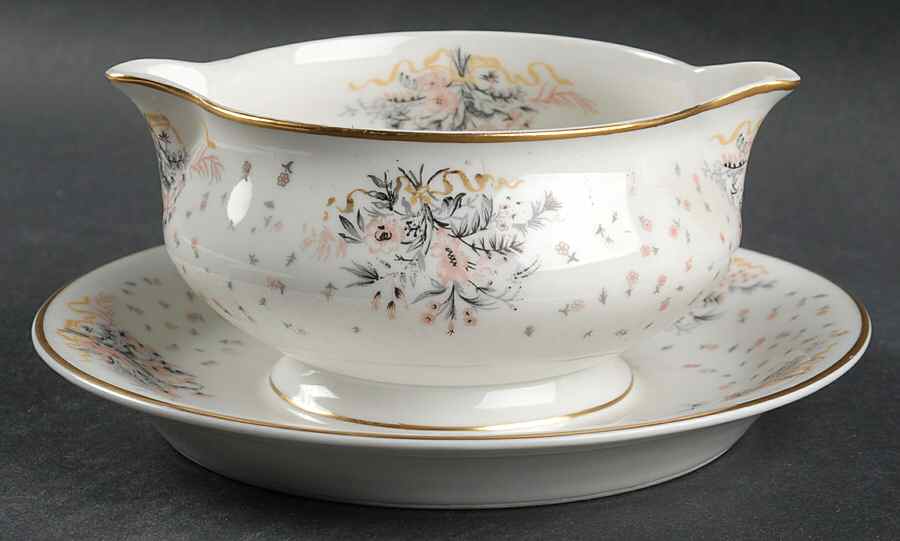 Paisley (Pink & Grey) Gravy Boat with Attached Underplate by Haviland-1