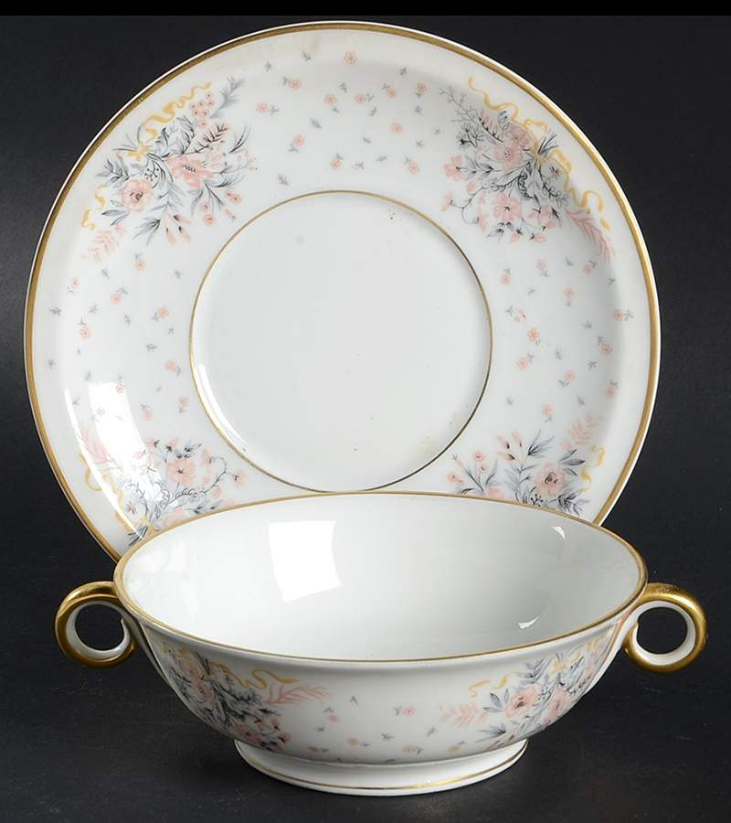 Paisley (Pink & Grey) Footed Cream Soup Bowl & Saucer Set by Haviland-1
