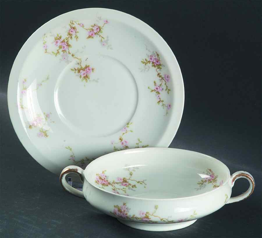 Pink Spray Footed Cream Soup Bowl & Saucer Set by Haviland-1