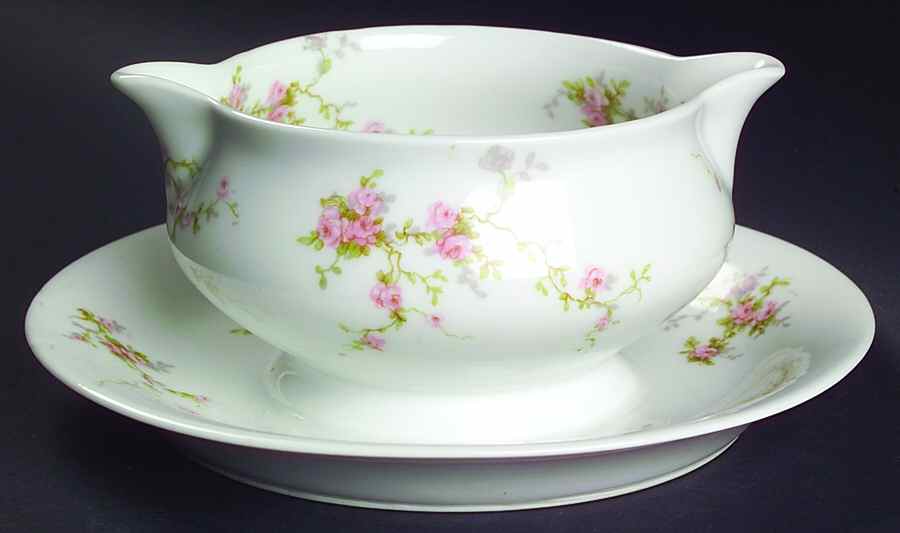 Pink Spray Gravy Boat with Attached Underplate by Haviland-1