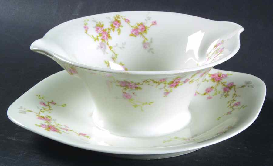 Pink Spray Gravy Boat with Attached Underplate by Haviland-1