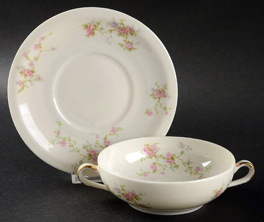 Pink Spray Flat Cream Soup Bowl & Saucer Set by Haviland-1