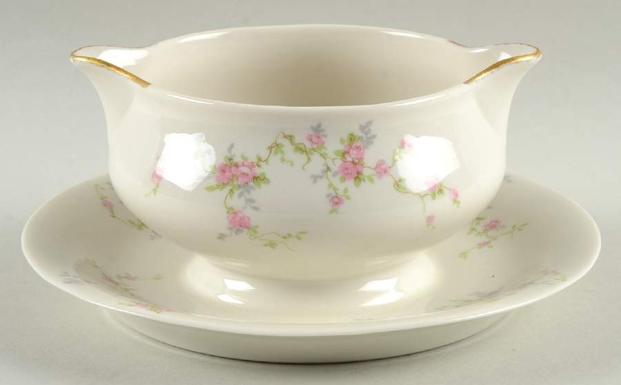 Pink Spray Gravy Boat with Attached Underplate by Haviland-1
