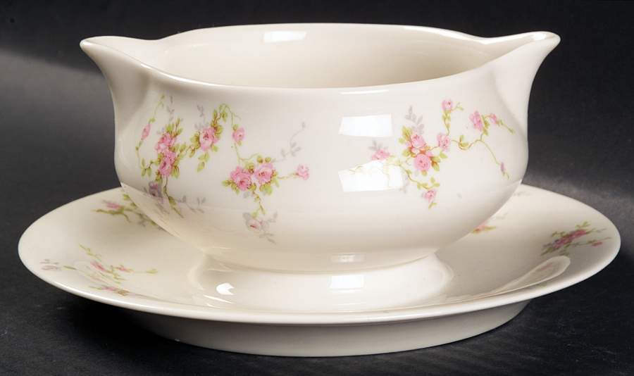 Pink Spray Gravy Boat with Attached Underplate by Haviland-1
