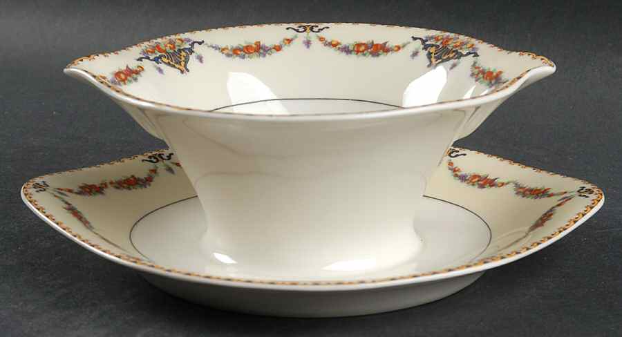 Pomona Cream (Black Verge) Gravy Boat with Attached Underplate by Haviland-1