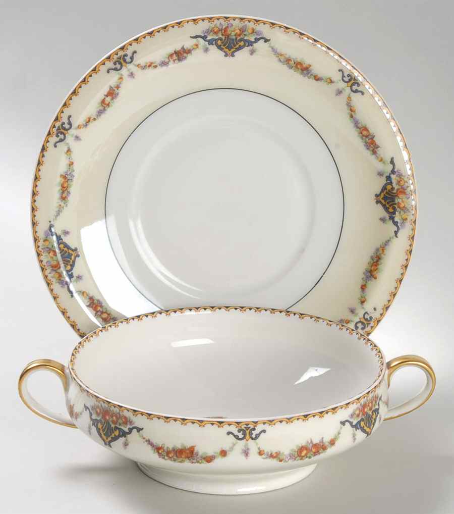 Pomona Cream (Black Verge) Footed Cream Soup Bowl & Saucer Set by Haviland-1