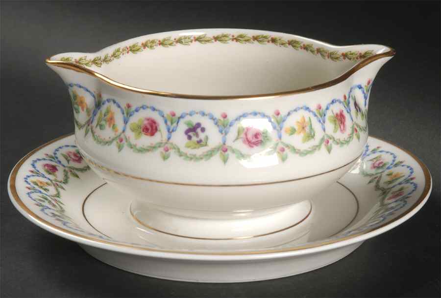 Pompadour Blue and Green (Gold Trim) Gravy Boat with Attached Underplate by Haviland-1