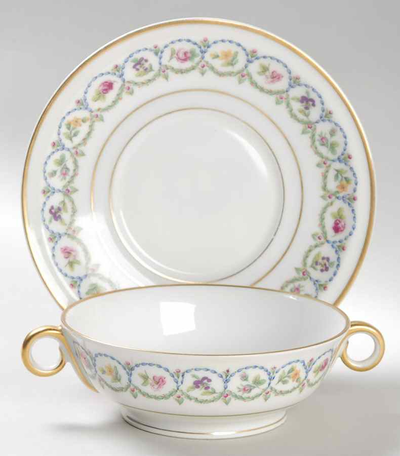 Pompadour Blue and Green (Gold Trim) Footed Cream Soup Bowl & Saucer Set by Haviland-1