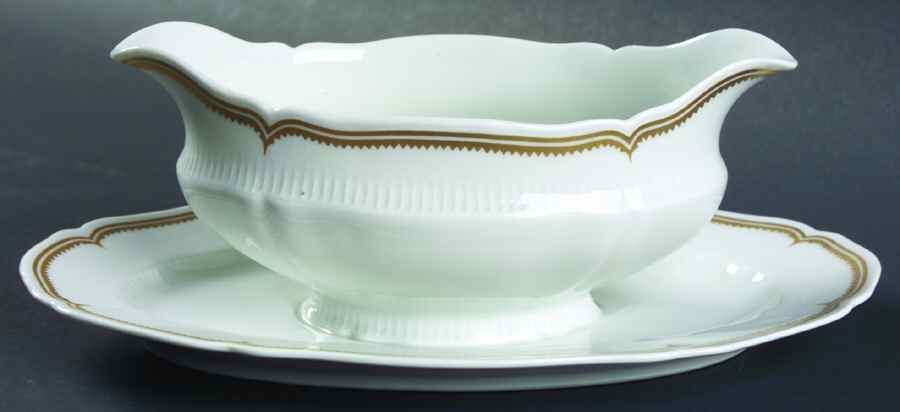 Pompadour White Gold Design (No Trim) Gravy Boat with Attached Underplate by Haviland-1