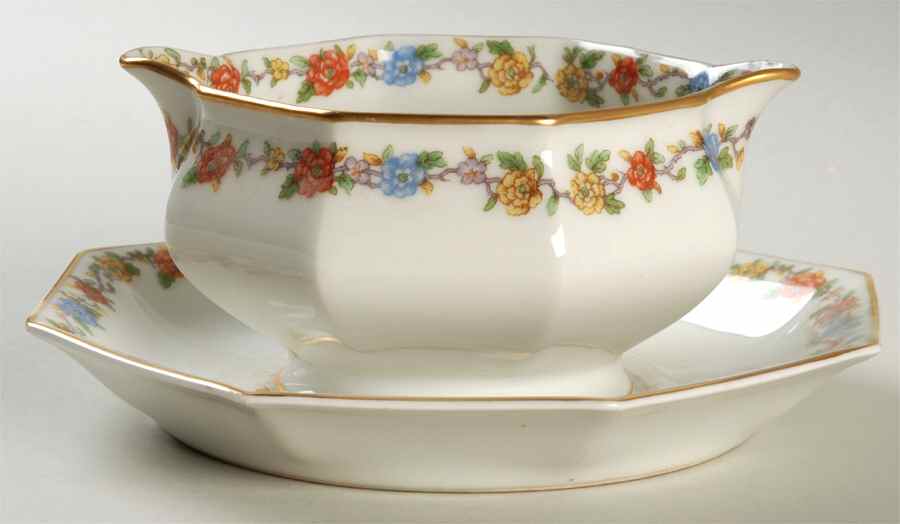 Rosemary (Multicolor Flowers) Gravy Boat with Attached Underplate by Haviland-1