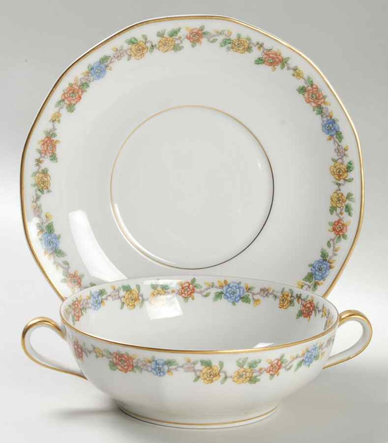 Rosemary (Multicolor Flowers) Flat Cream Soup Bowl & Saucer Set by Haviland-1