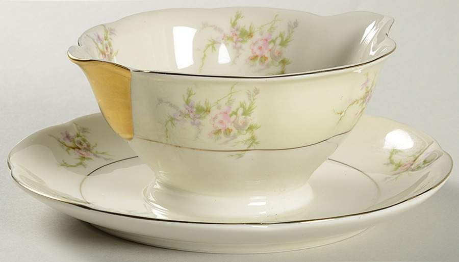 Rosalinde (France, Gold Trim) Gravy Boat with Attached Underplate by Haviland-1