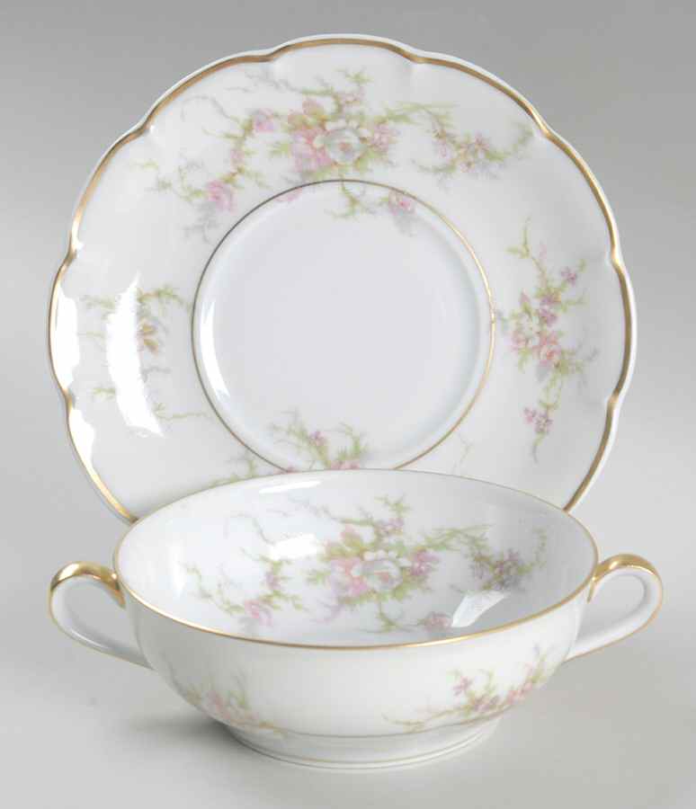Rosalinde (France, Gold Trim) Flat Cream Soup Bowl & Saucer Set by Haviland-1